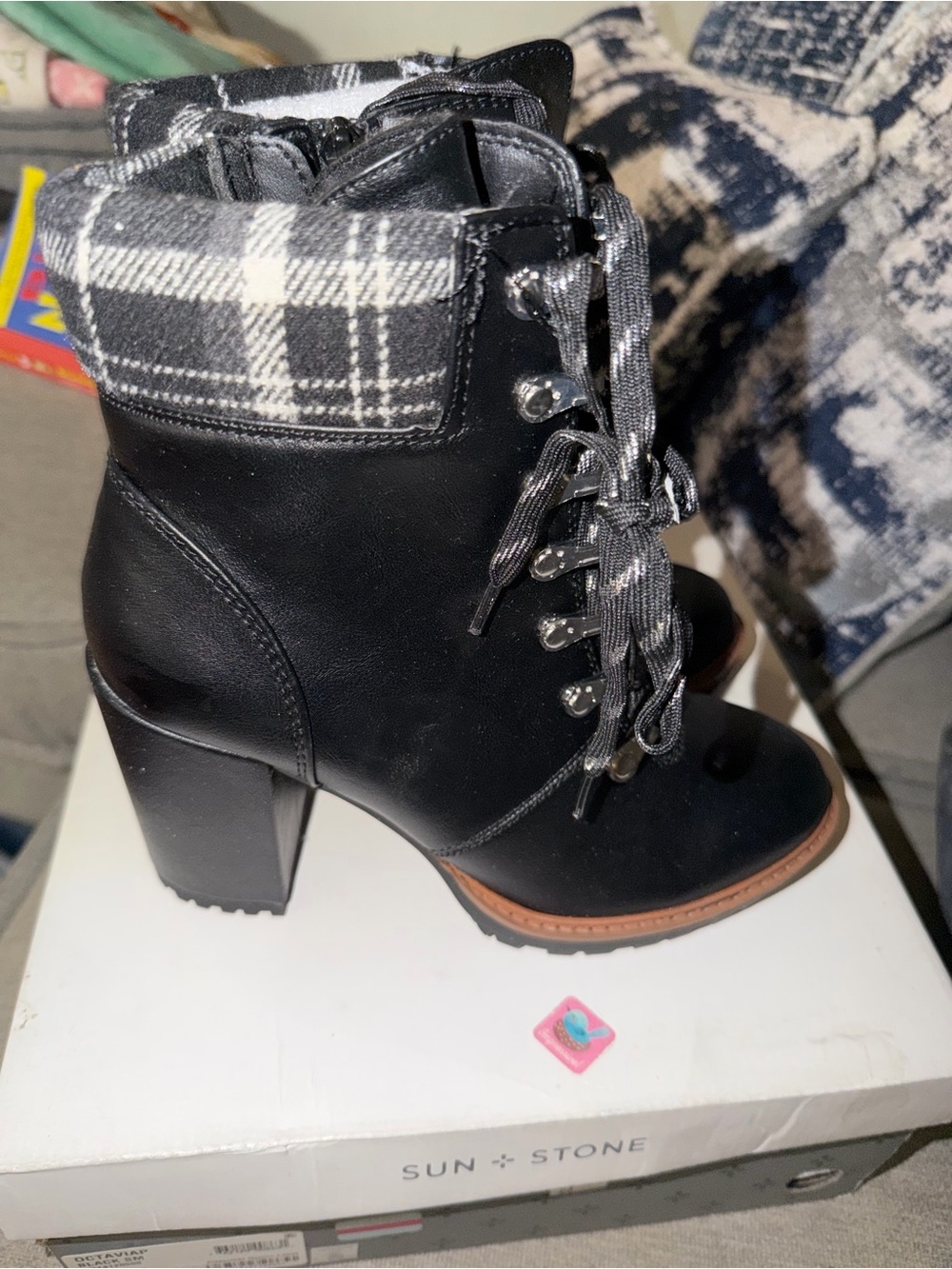 Sun + Stone Black Lace-Up Block Heel Boots with Plaid Cuff